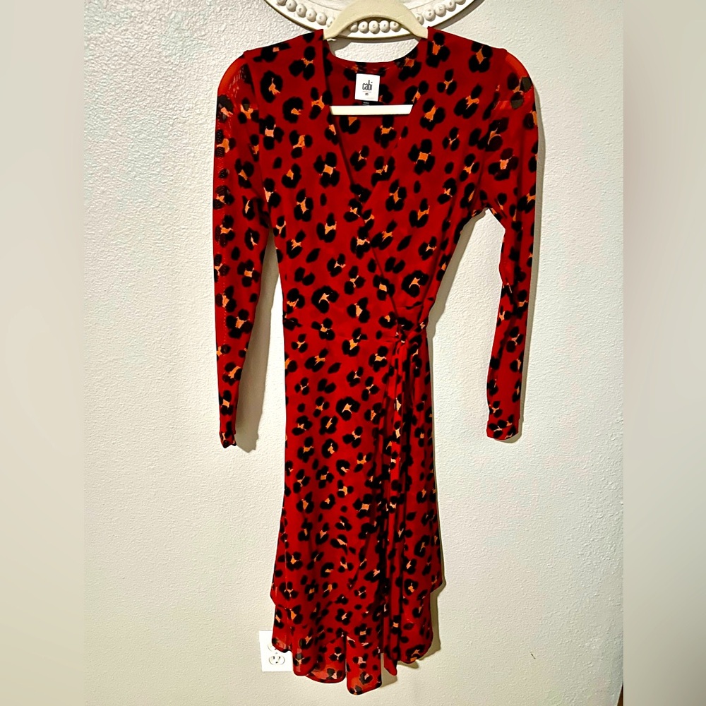 CAbi Red Leopard Print Long Sleeve Dress